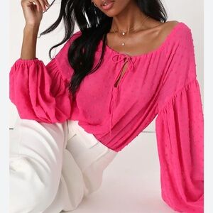 Lulus Hot Pink Swiss Dot Top -Sheer with Balloon Sleeves NWT